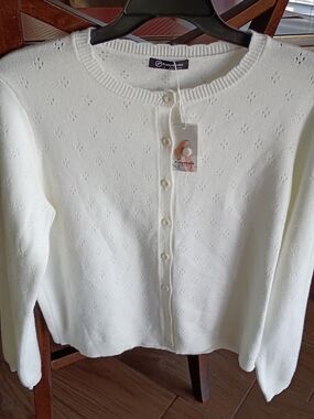 PrettyGarden White Eyelet-Knit Button Cardigan Sweater
